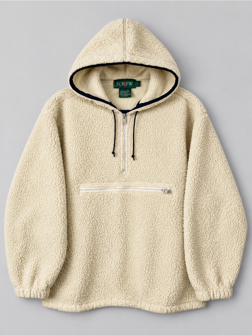 Vintage 90s J Crew Mens Sherpa Fleece Hooded Half Zip Anorak Jacket Large Cream